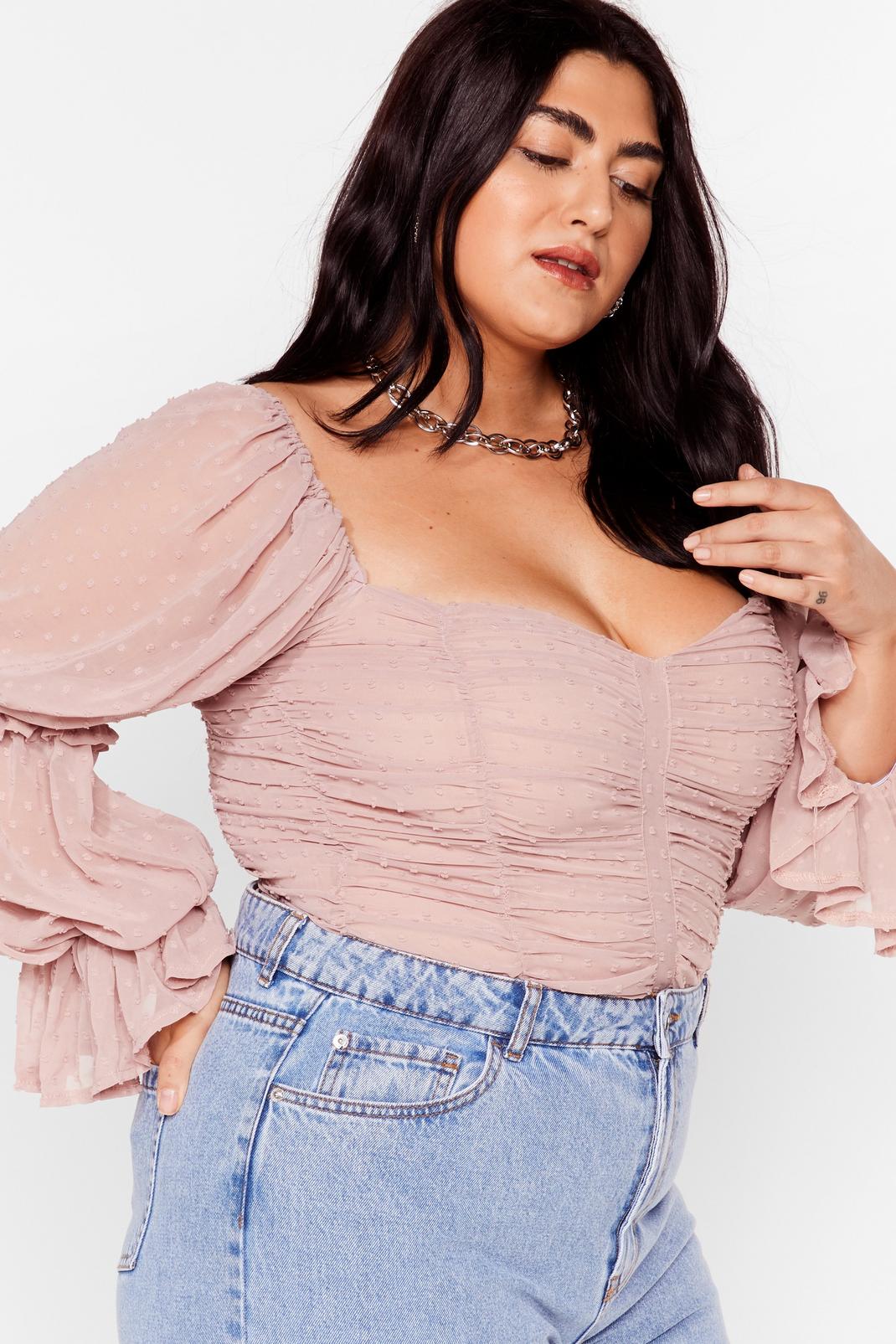 107 Plus Size Ruched Mesh Puff Sleeve Blouse image number 2