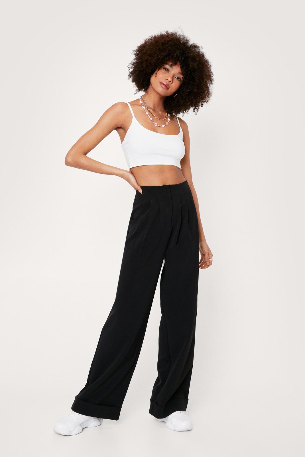 Black High Waisted Turn Up Hem Wide Leg Trousers image number 1