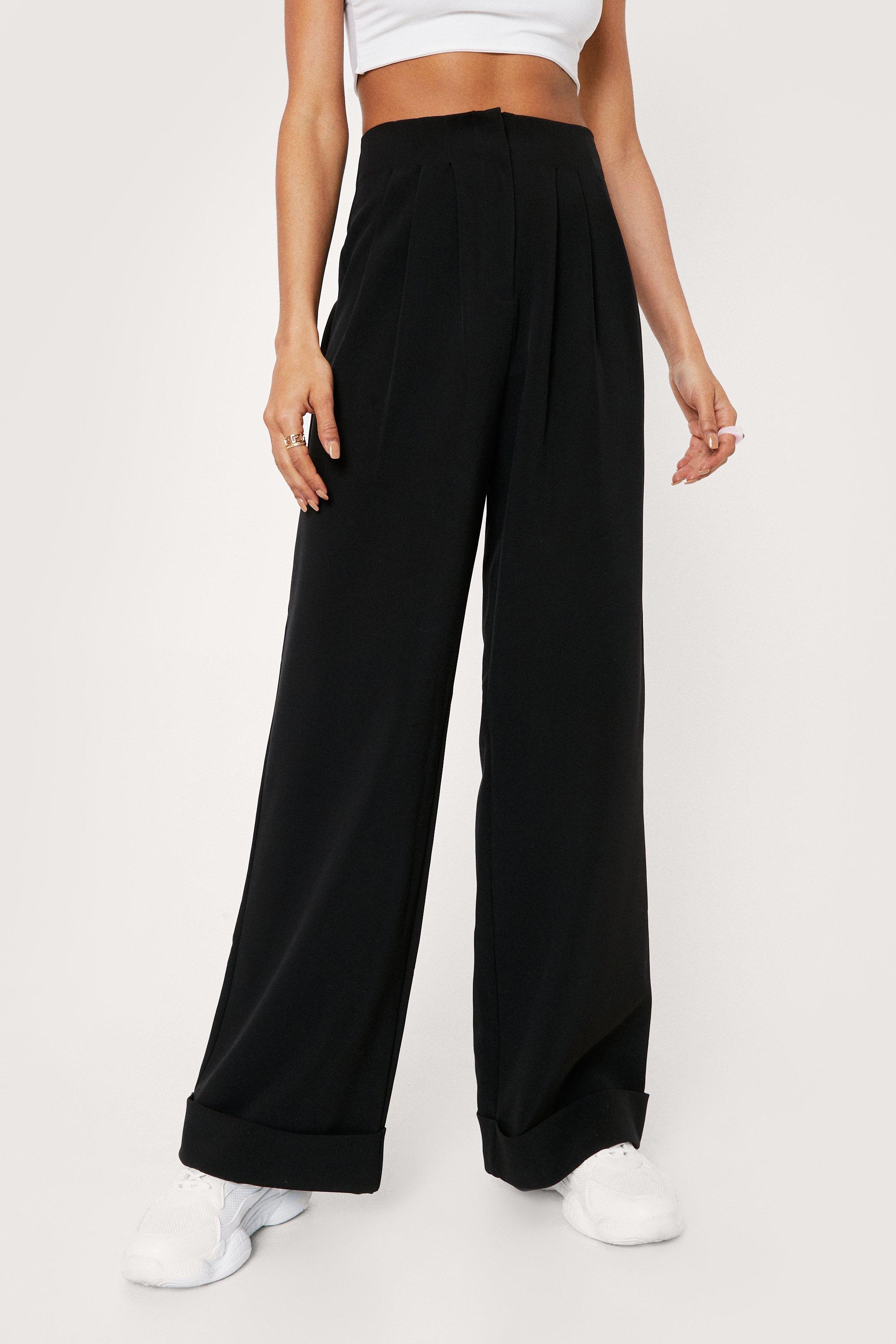 High Waisted Turn Up Hem Wide Leg Pants