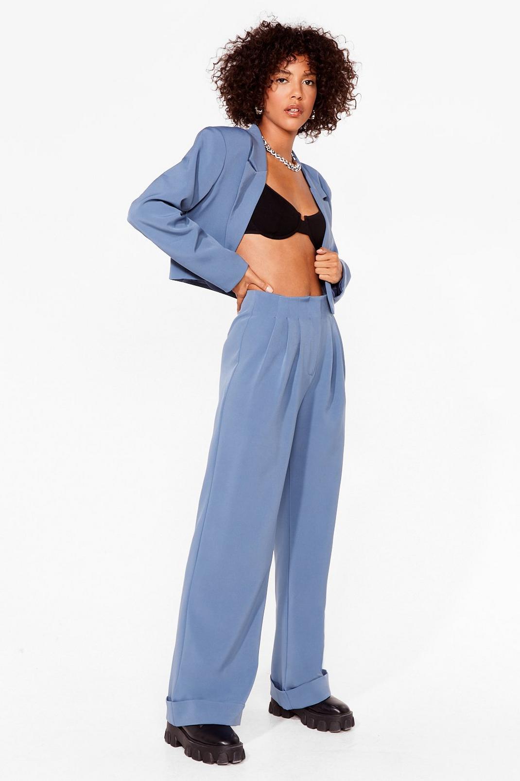 Blue High Waisted Turn Up Hem Wide Leg Trousers image number 1