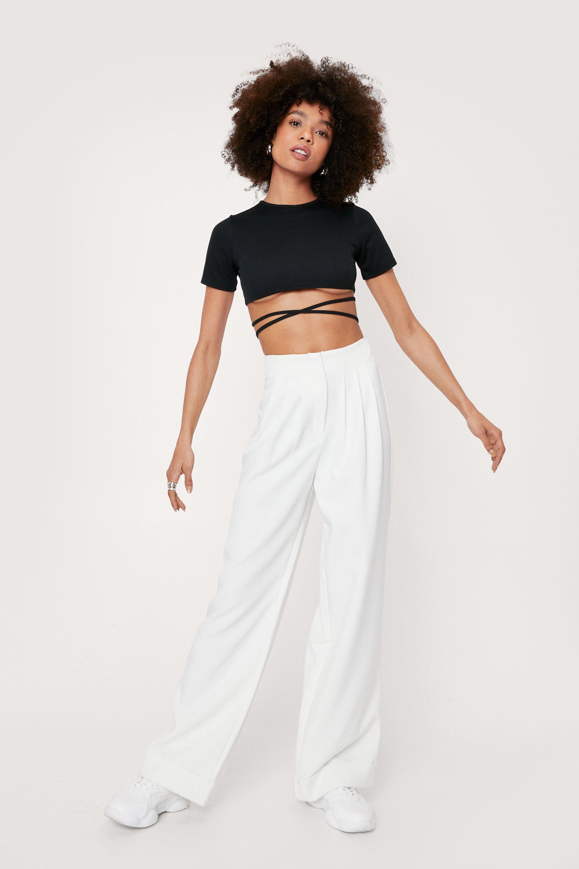 High Waisted Turn Up Hem Wide Leg Pants