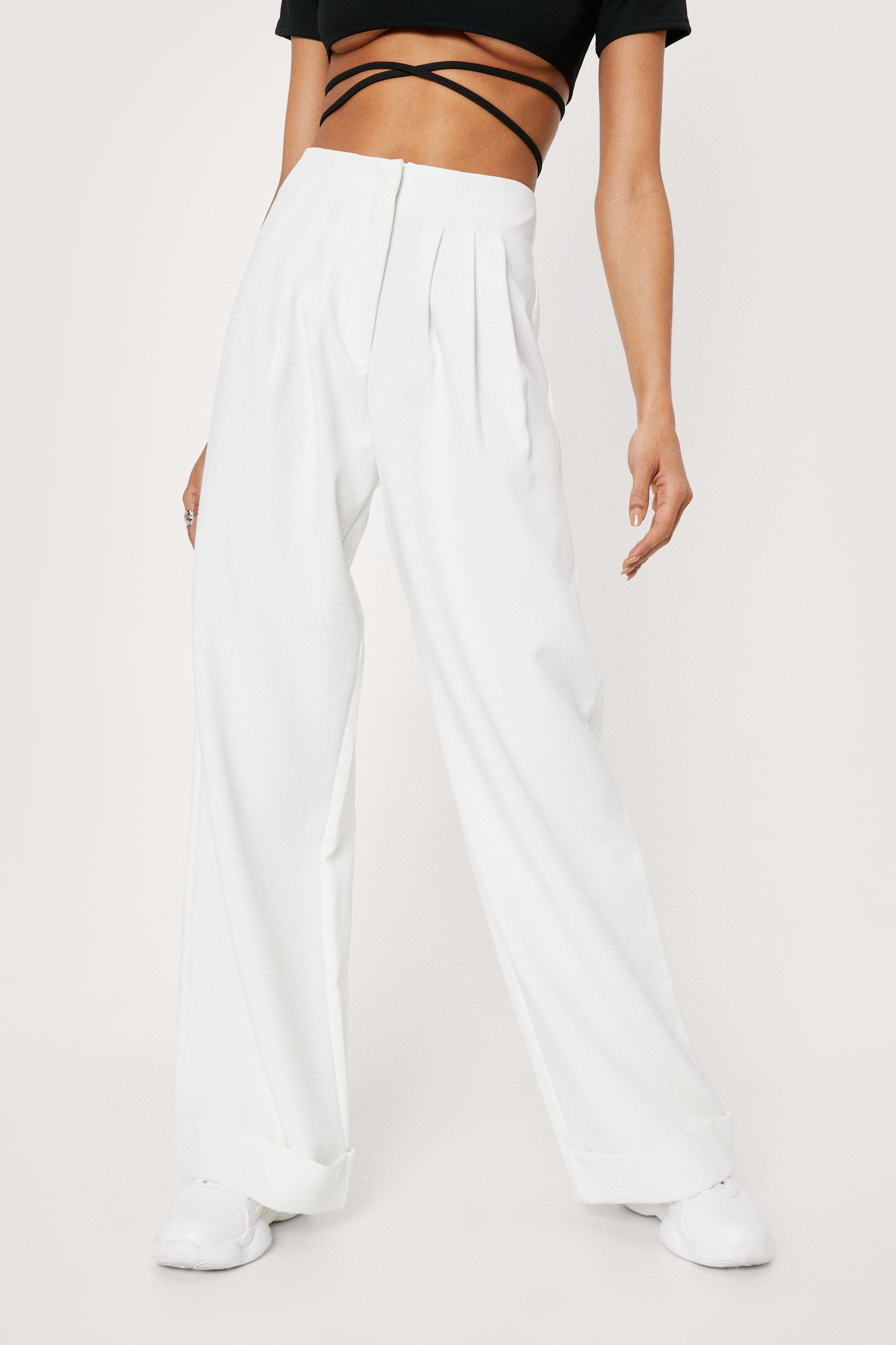 High Waisted Turn Up Hem Wide Leg Pants