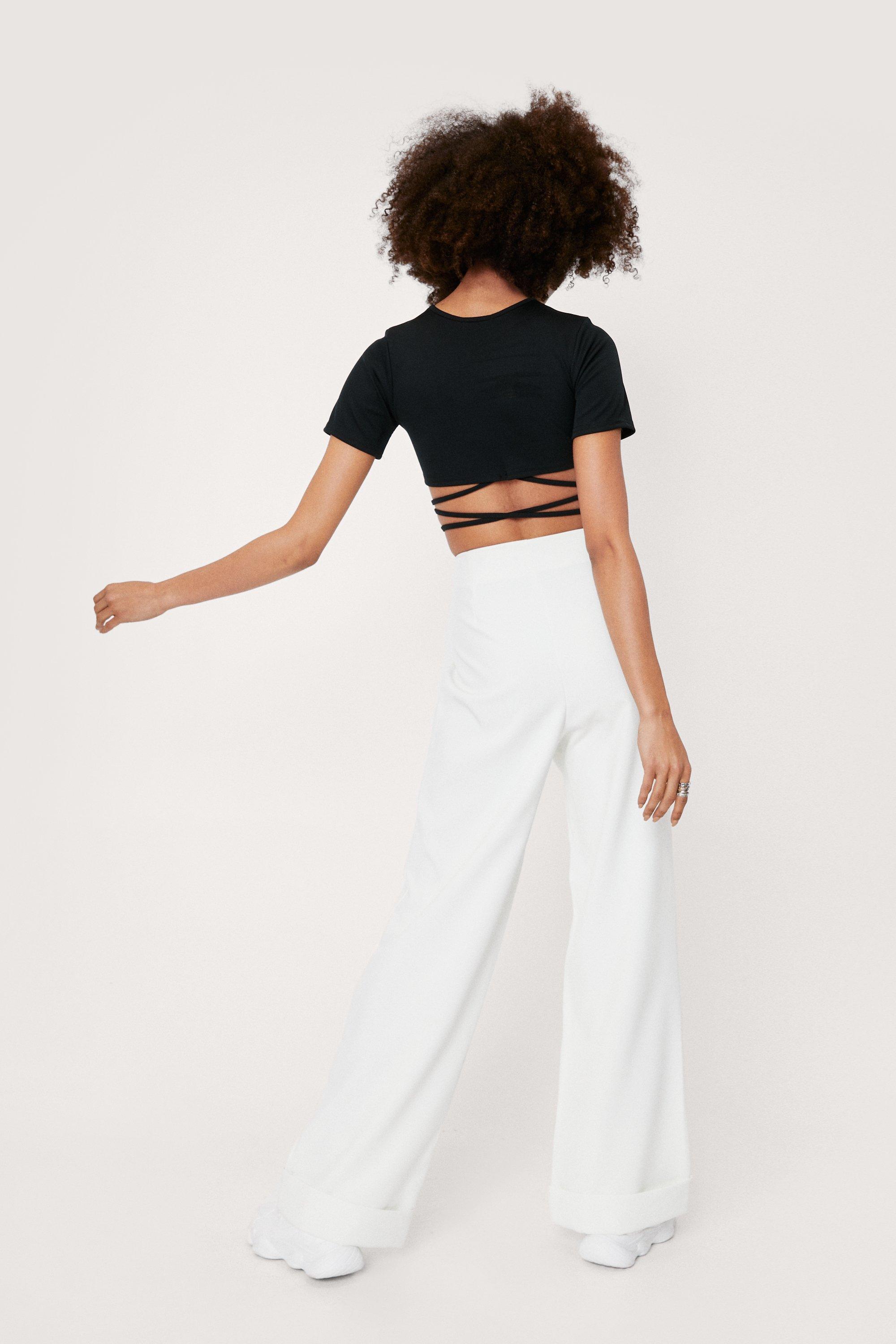 High Waisted Turn Up Hem Wide Leg Pants