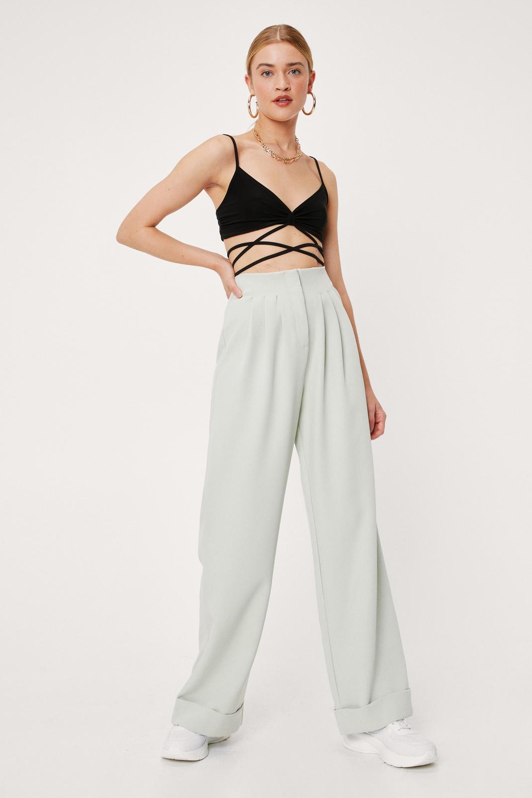 Sage High Waisted Turn Up Hem Wide Leg Trousers image number 1