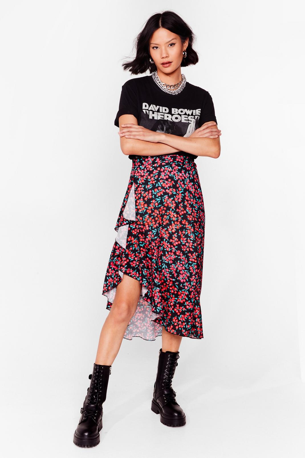 Black Floral Ruffle Wrap Midi Skirt image number 1
