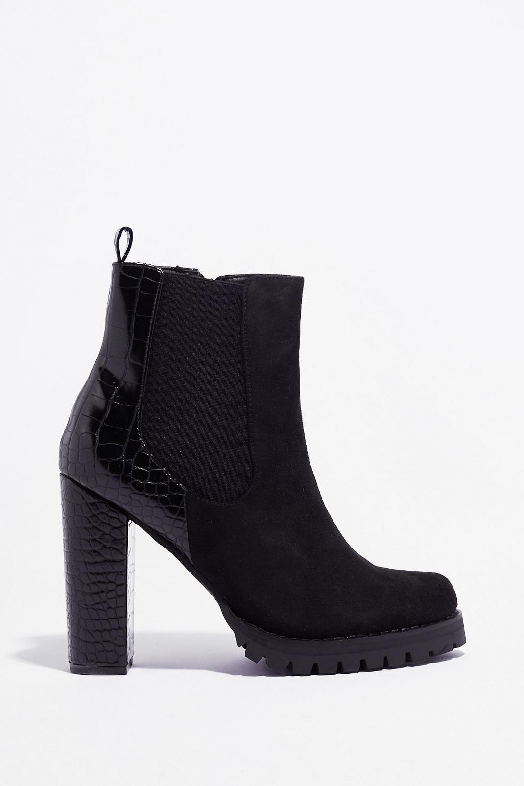 Black Croc Embossed Faux Suede Heeled Boots image number 1
