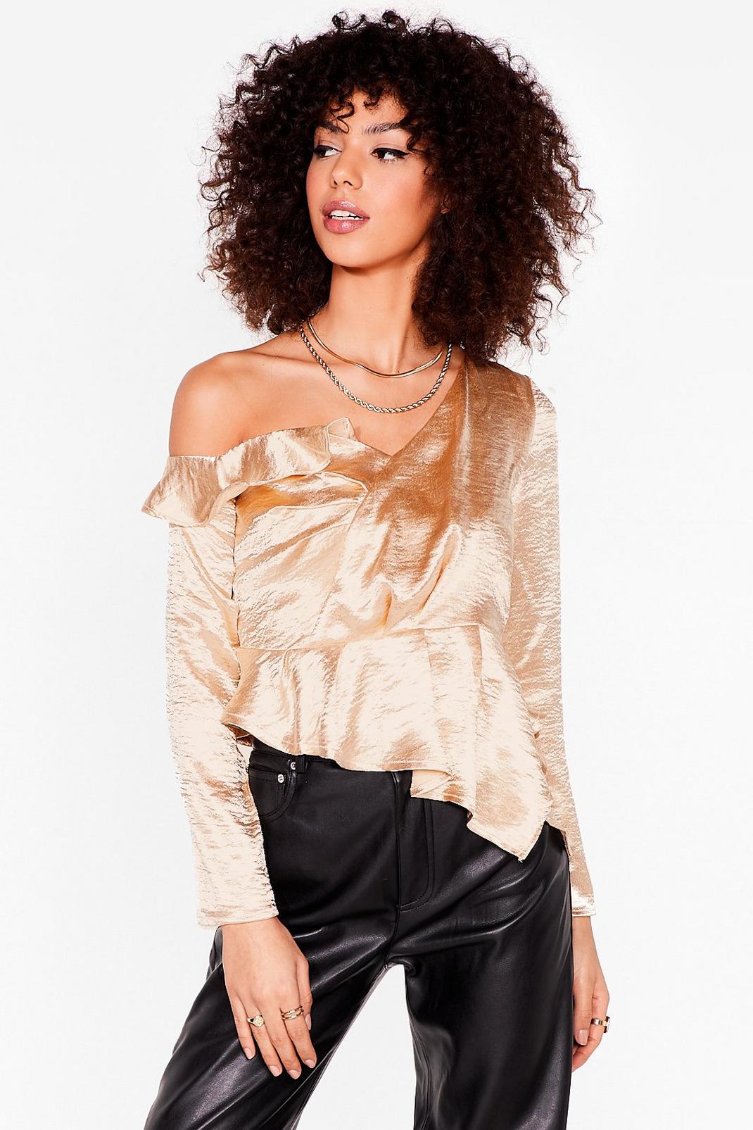 Champagne One Shoulder Asymmetric Ruffle Top image number 1