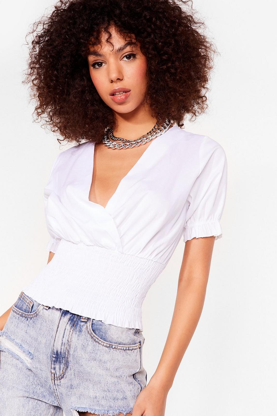 White Short Sleeve Shirred Wrap Crop Top image number 1
