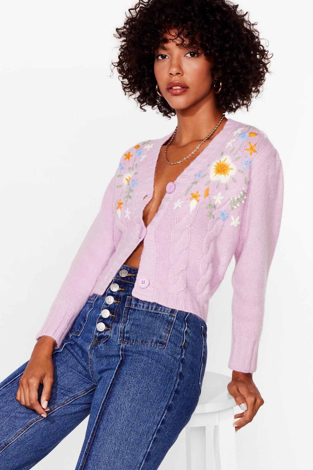 Lilac Cards on the Cable Knit Embroidered Cardigan image number 1