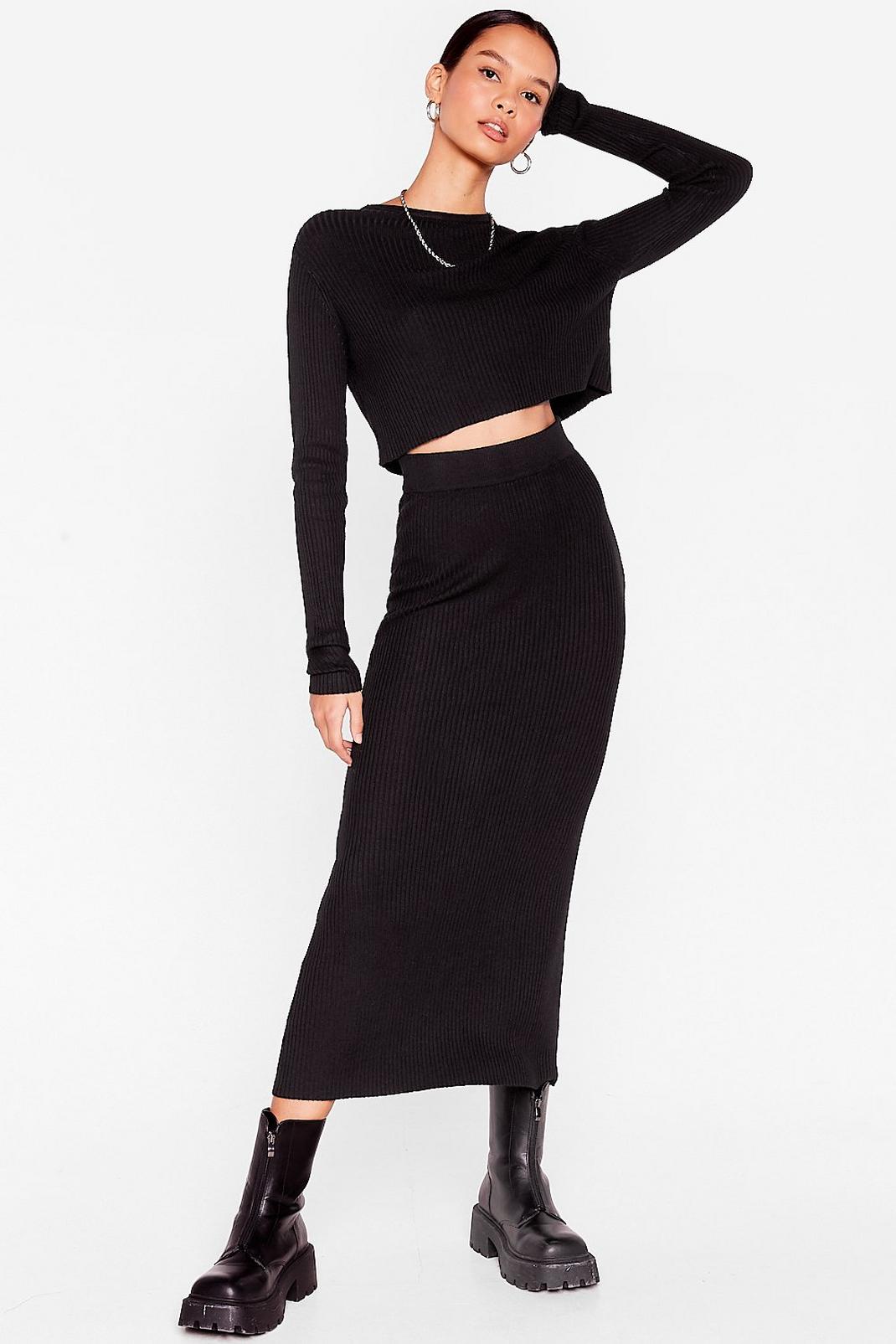 Black Knit Crop Top and Midi Skirt Set image number 1