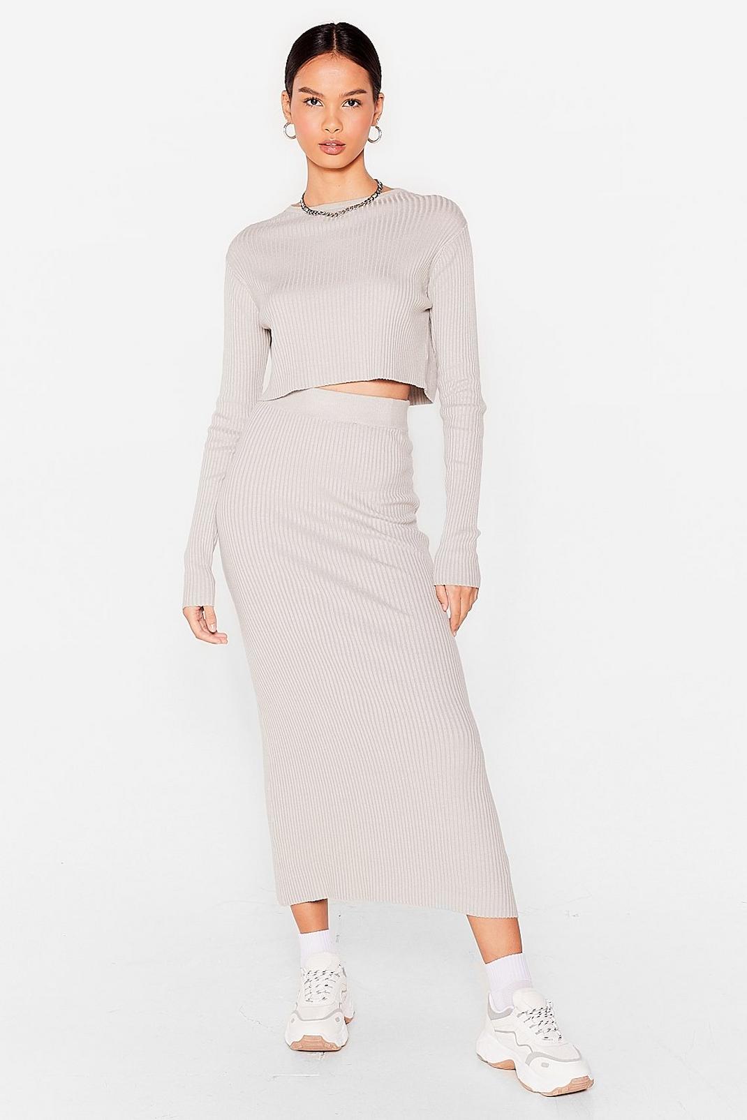 Grey Knit Crop Top and Midi Skirt Set image number 1