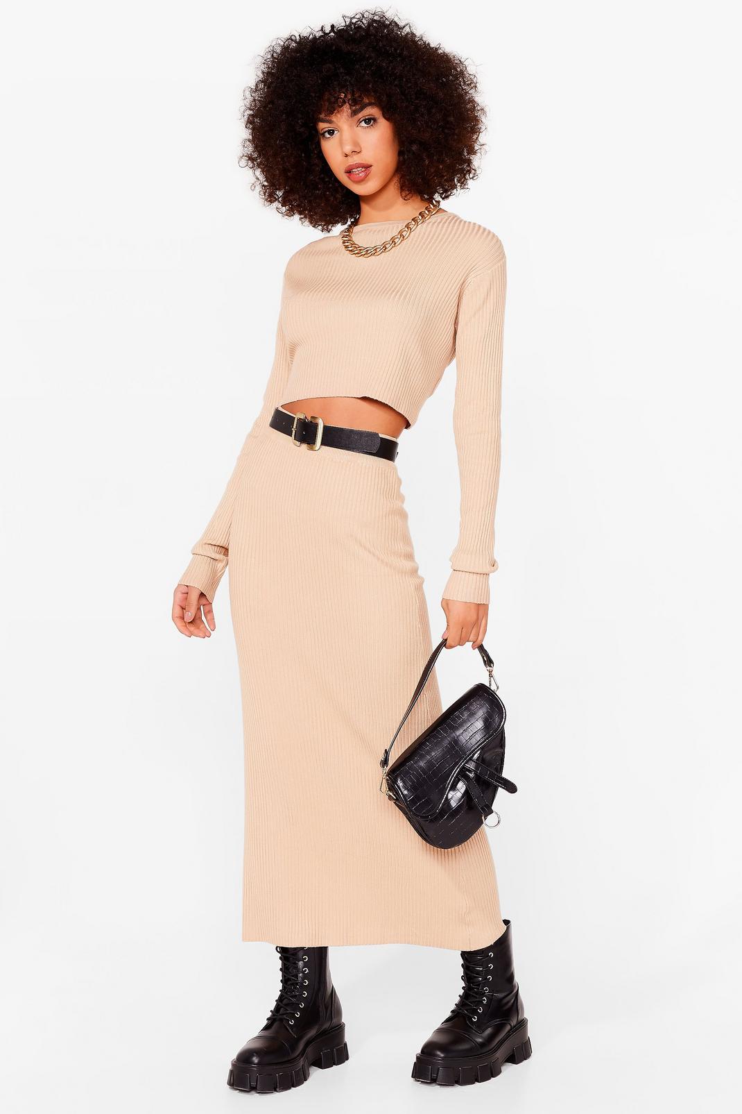 Oatmeal Knit Crop Top and Midi Skirt Set image number 1