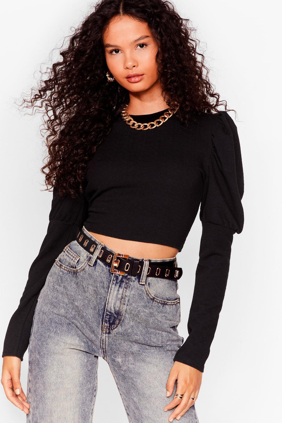 Black Ribbed Fitted Puff Sleeve Crop Top image number 1
