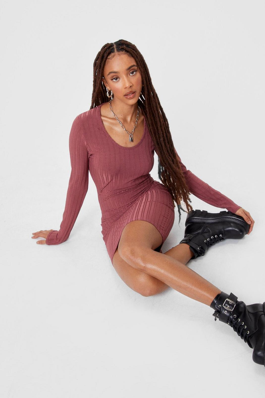 Rust Ribbed Long Sleeve Mini Bodycon Dress image number 1
