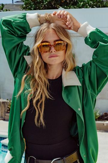 Green Oversized Satin Bomber Jacket