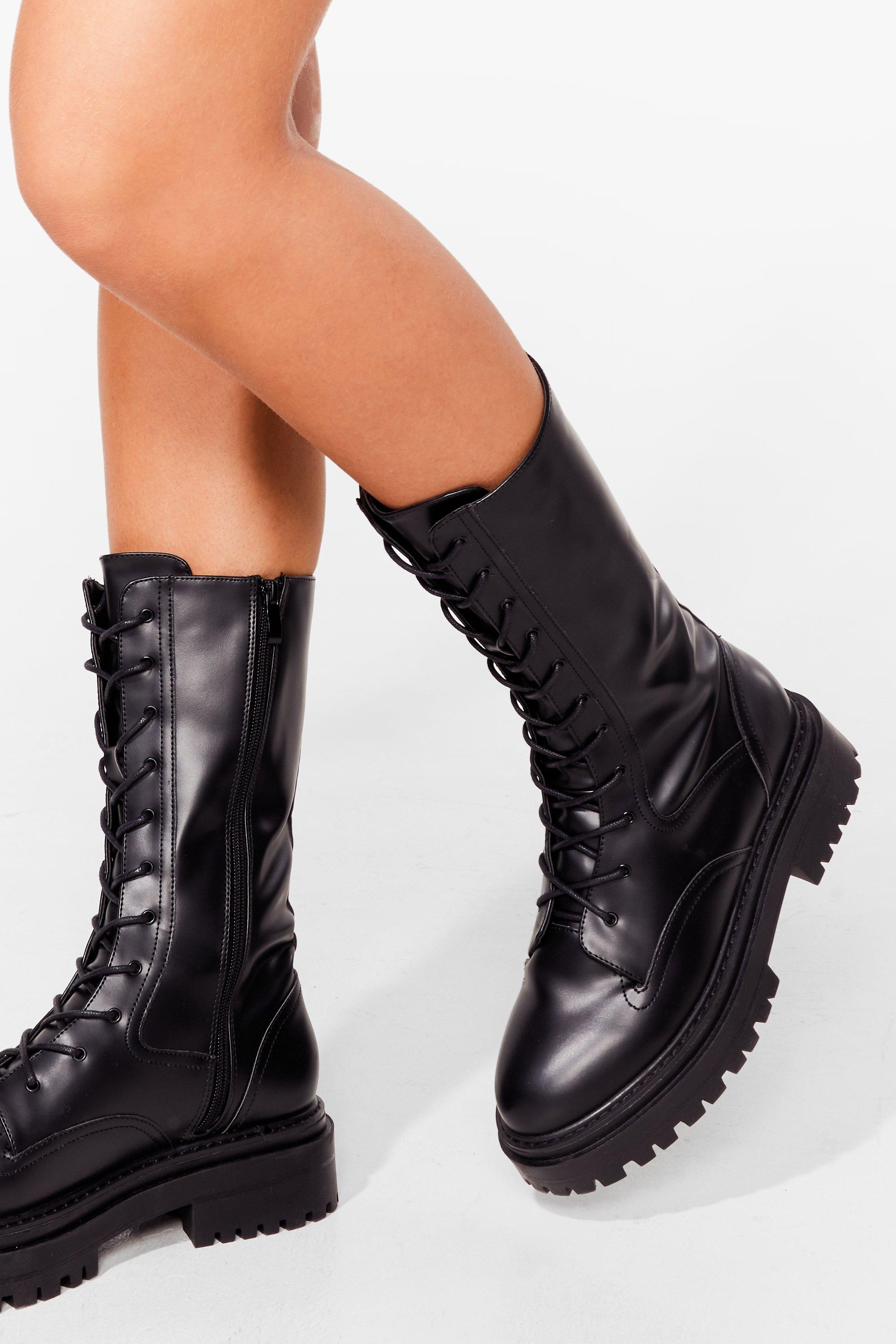 Calf High Lace Up Cleated Biker Boots