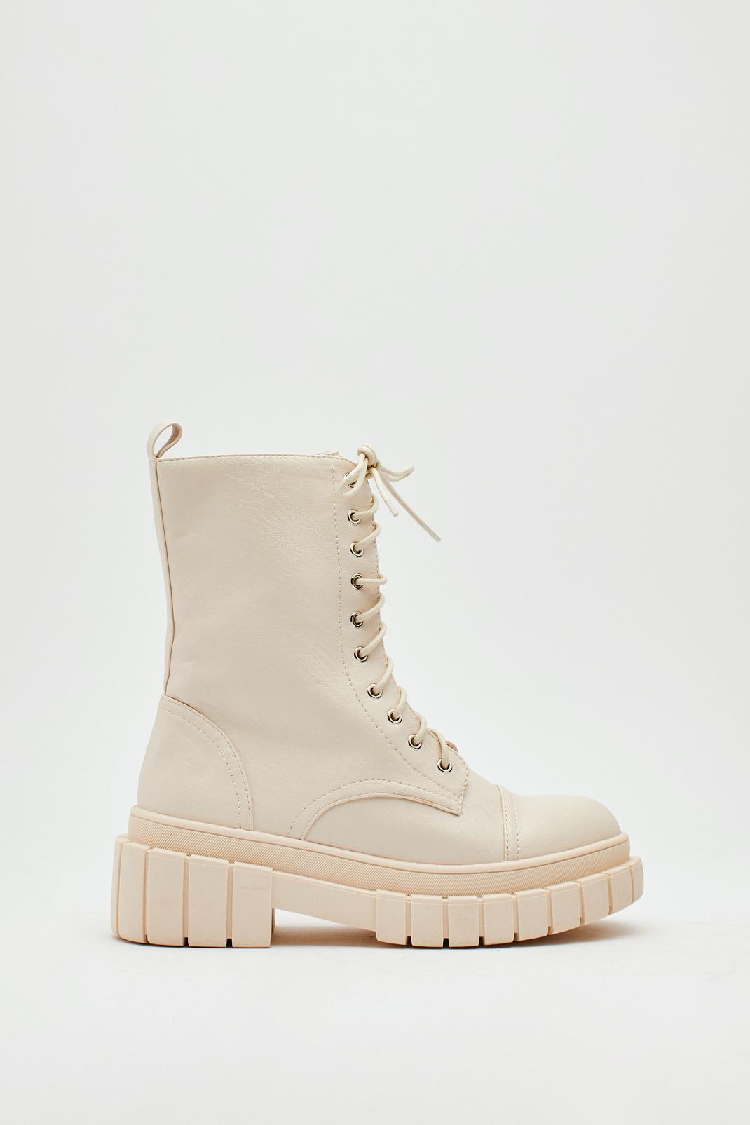 Off white Cleated Lace Up High Ankle Boots image number 1