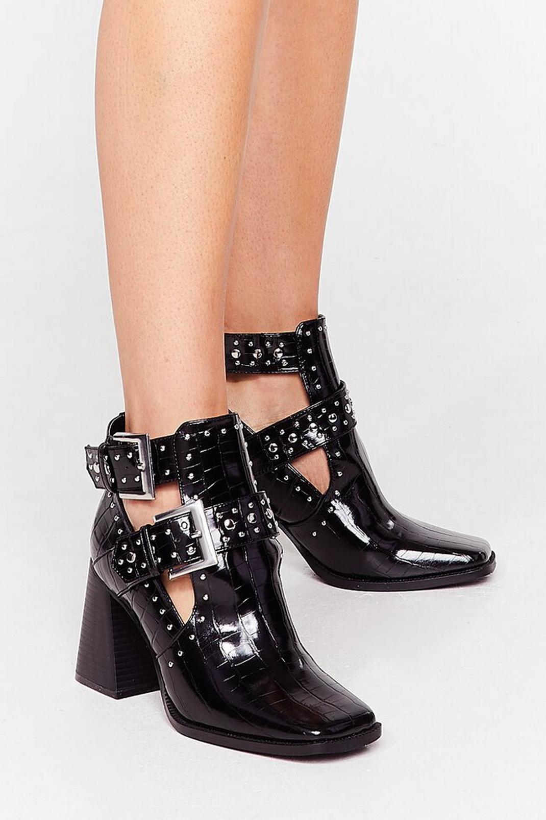 Black Stud Times Coming Croc Heeled Boots image number 1