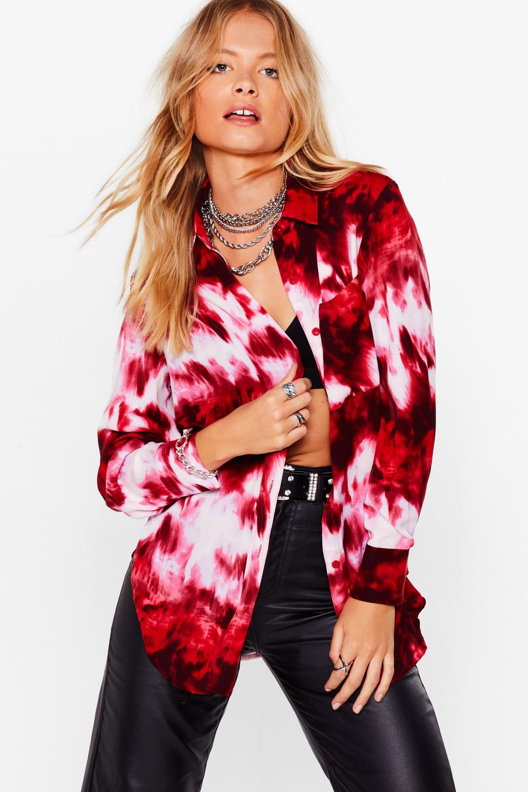 Red Tie Dye Satin Button Down Shirt image number 1