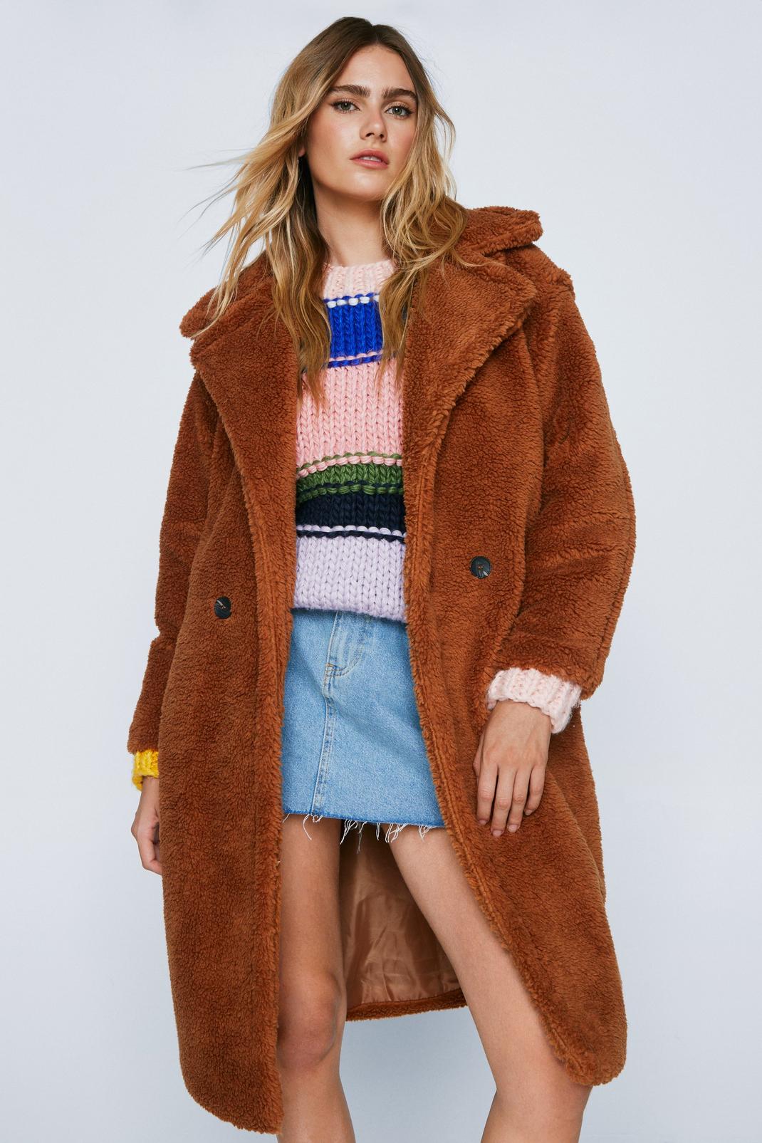Chocolate We're Teddy Faux Fur You Oversized Coat image number 1