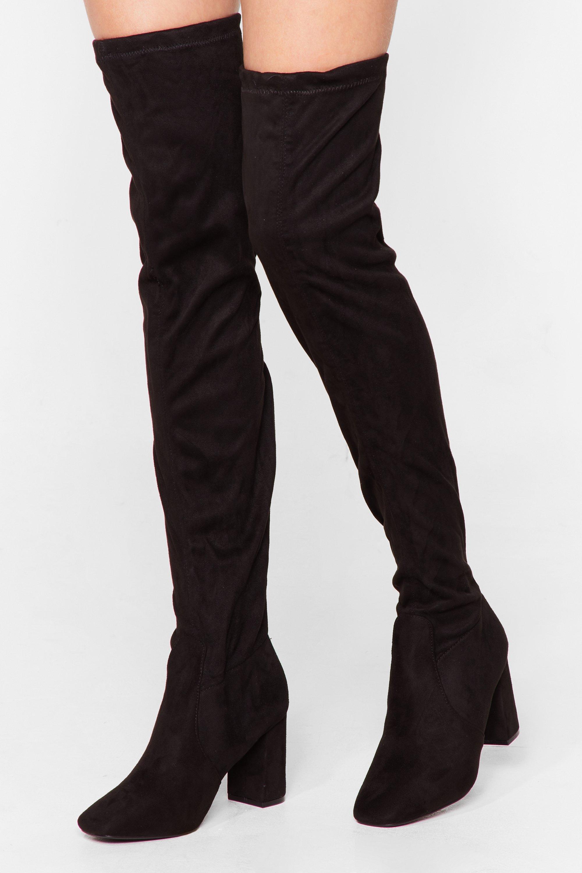bess black faux suede heel thigh boots