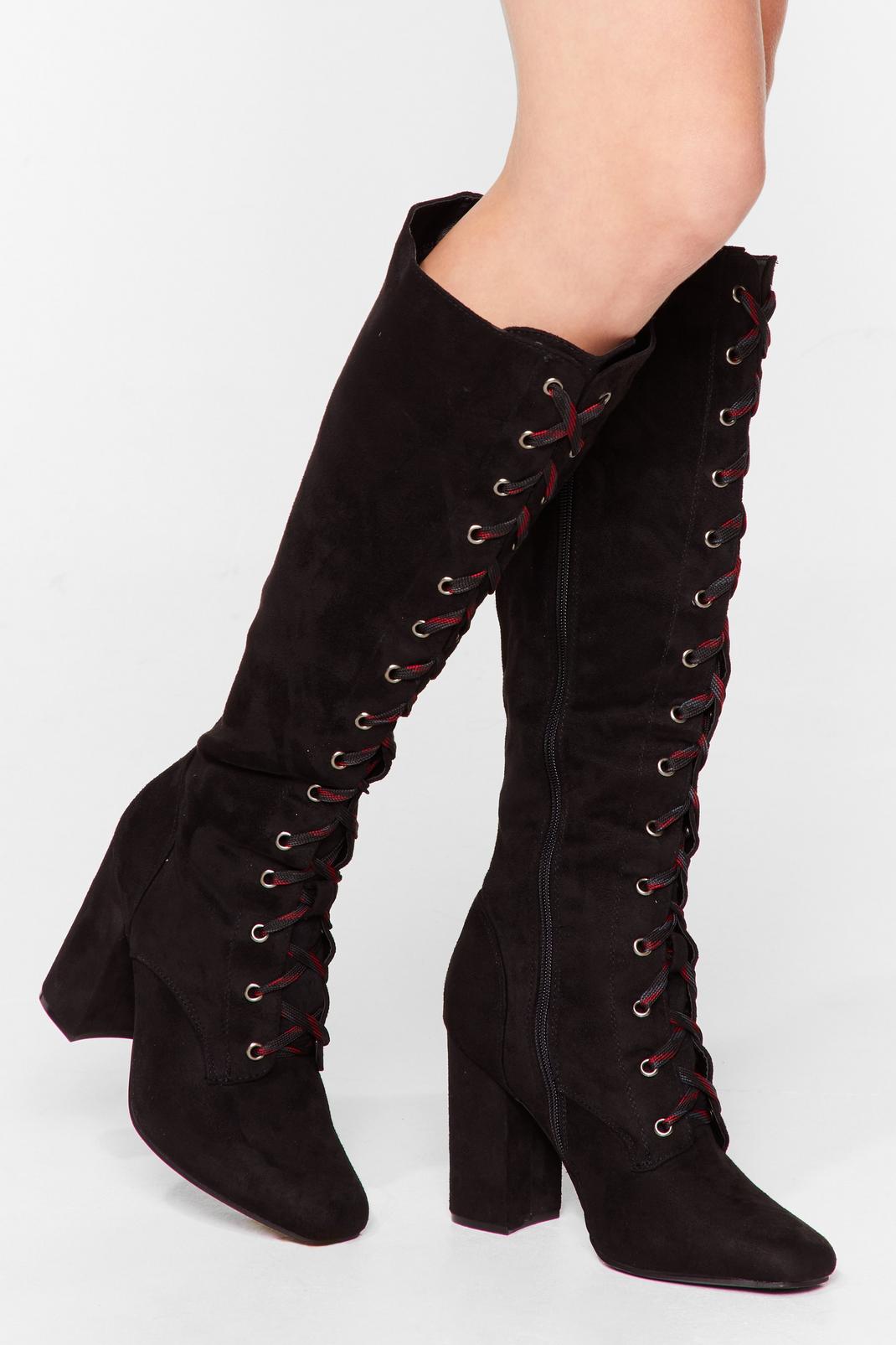 Lace-Up the Ante Faux Suede Knee High Boots image number 1