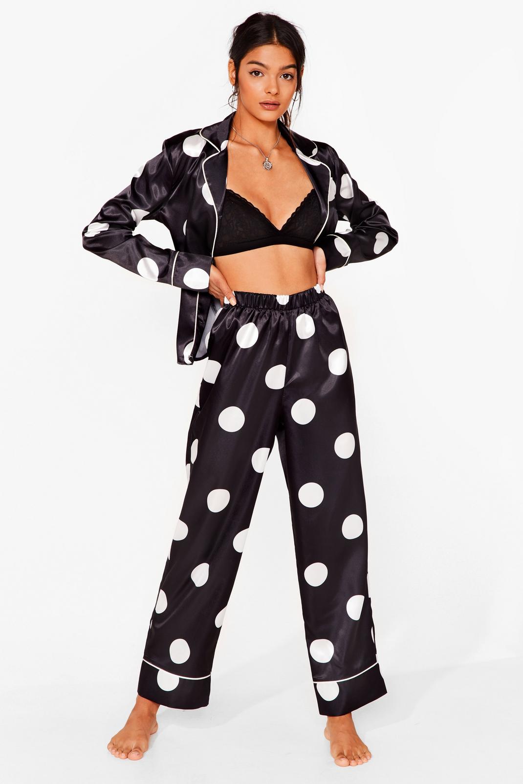 Black Polka Dot Satin Pants Pyjama Set image number 1