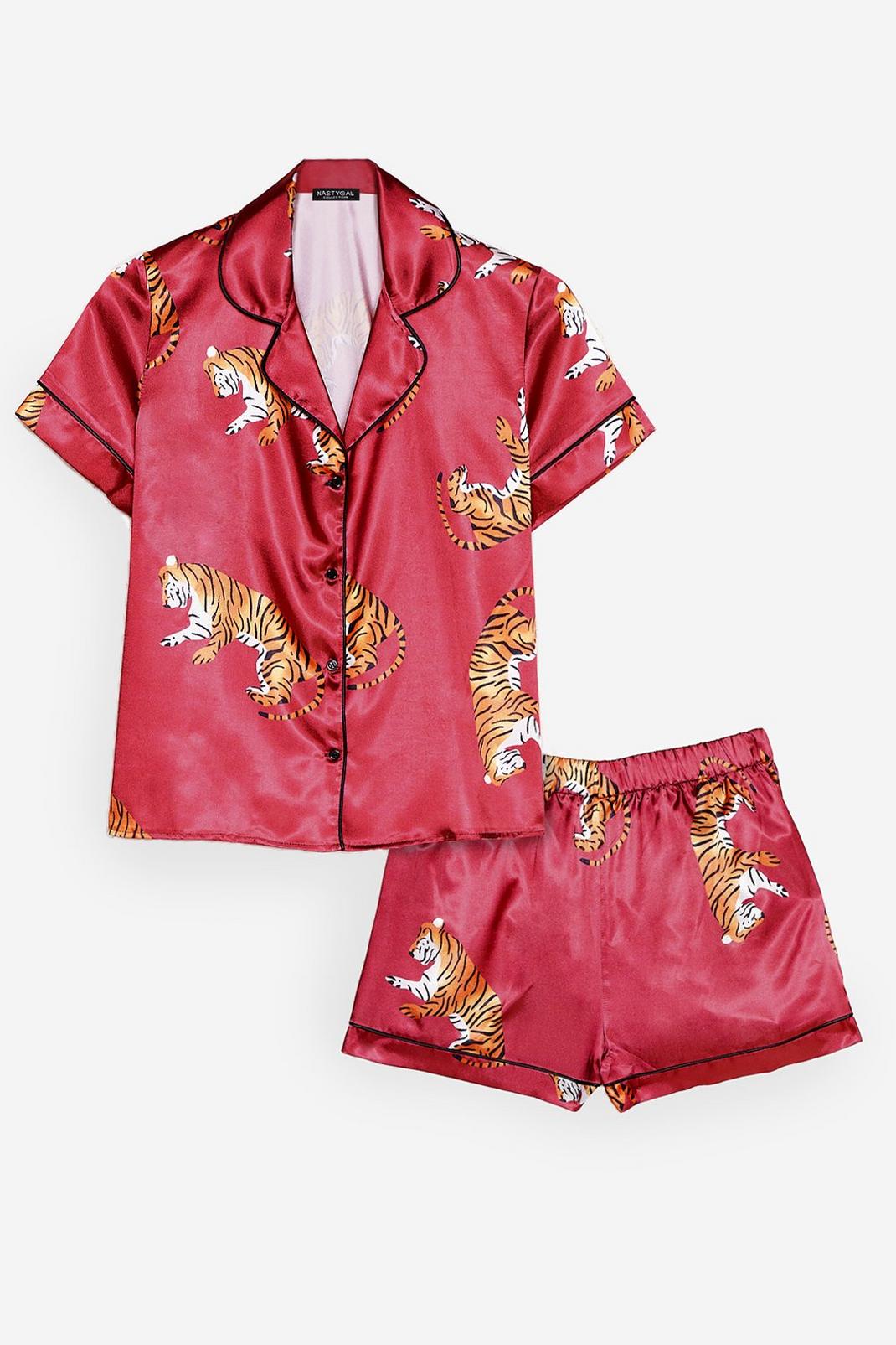 Berry Tiger Satin Pajama Shorts Set image number 1