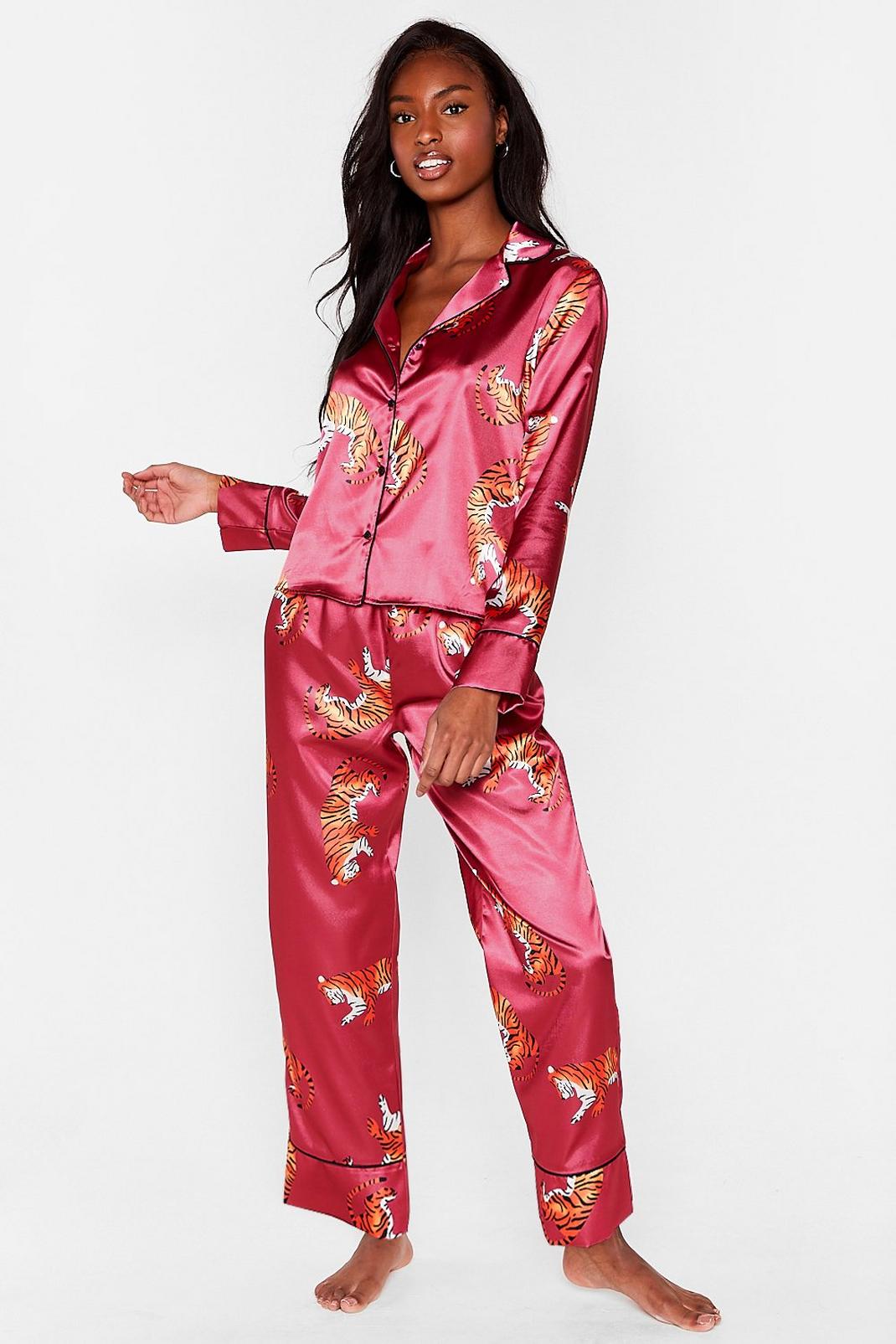 Pyjama satiné à imprimé tigres chemise & pantalon , Berry image number 1