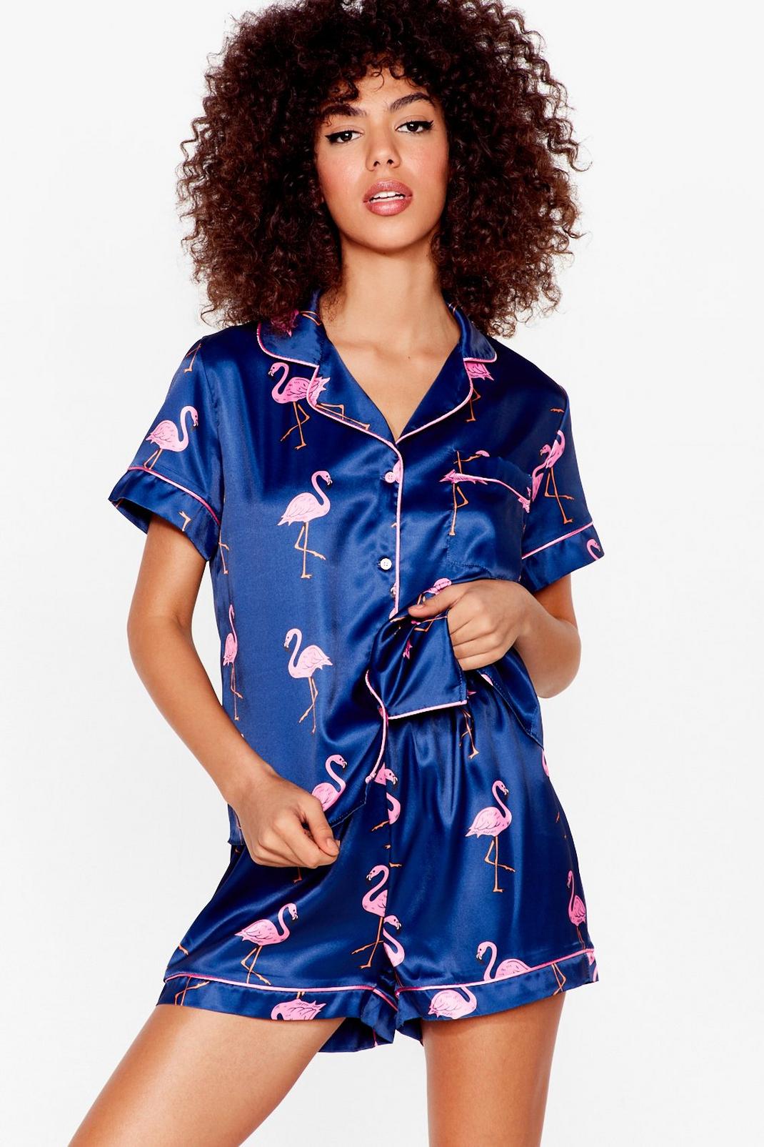 Navy Satin Flamingo Pajama Shorts Set image number 1