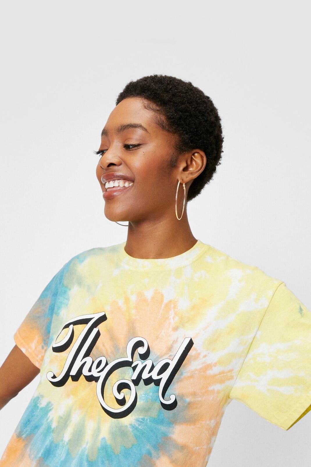 Yellow The End Graphic Tie Dye T-Shirt image number 1