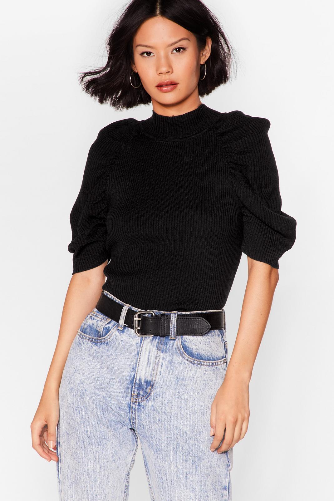 Black Puff Sleeve It at That Ribbed Crop Top image number 1