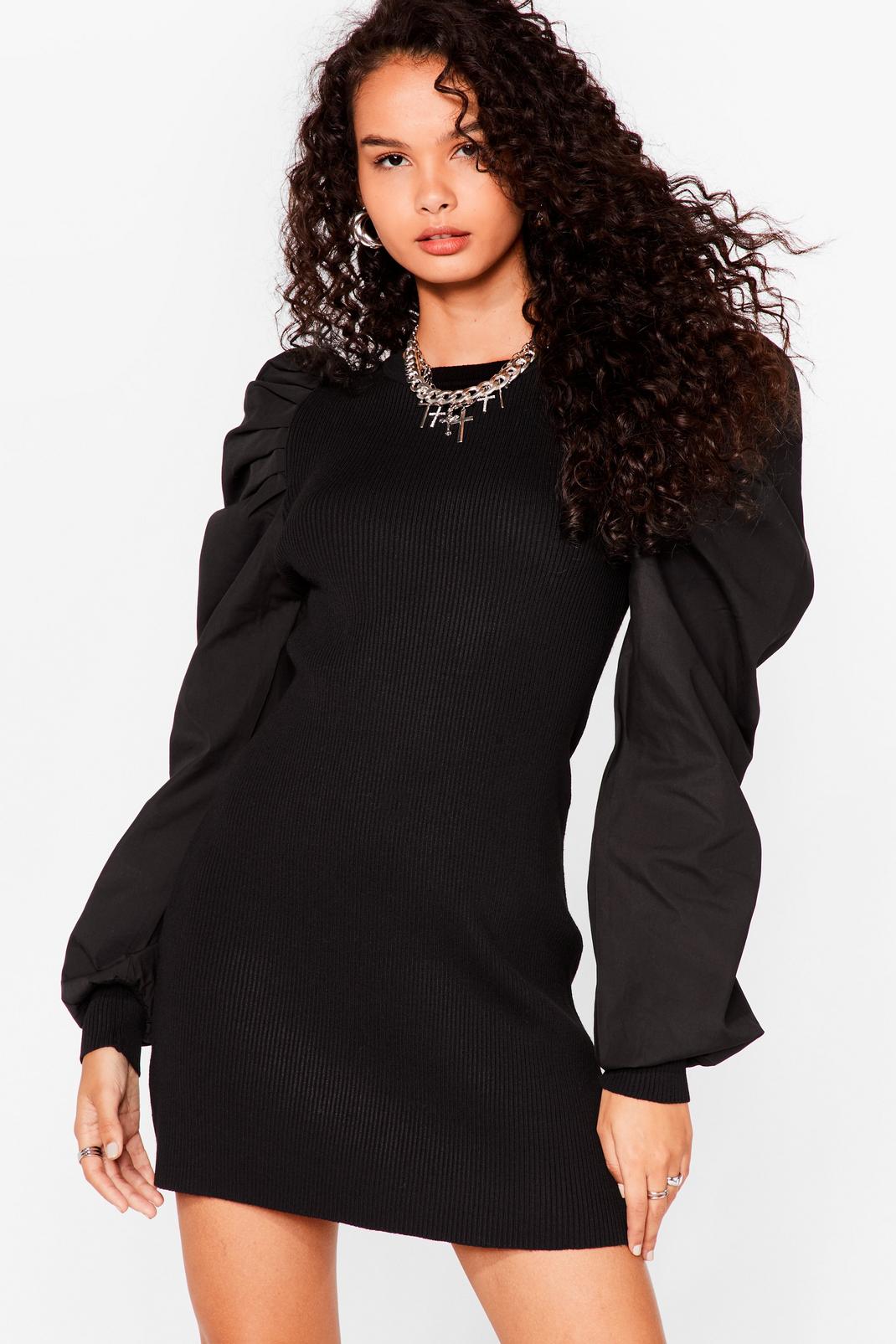 Black Exaggerated Puff Sleeve Knitted Mini Dress image number 1