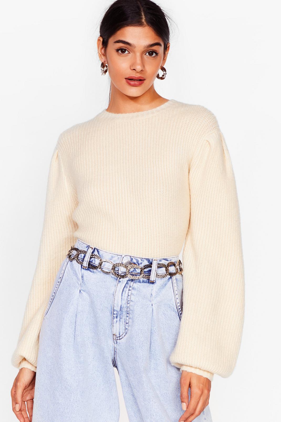 Cream Ribbed Puff Sleeve Knit Sweater image number 1