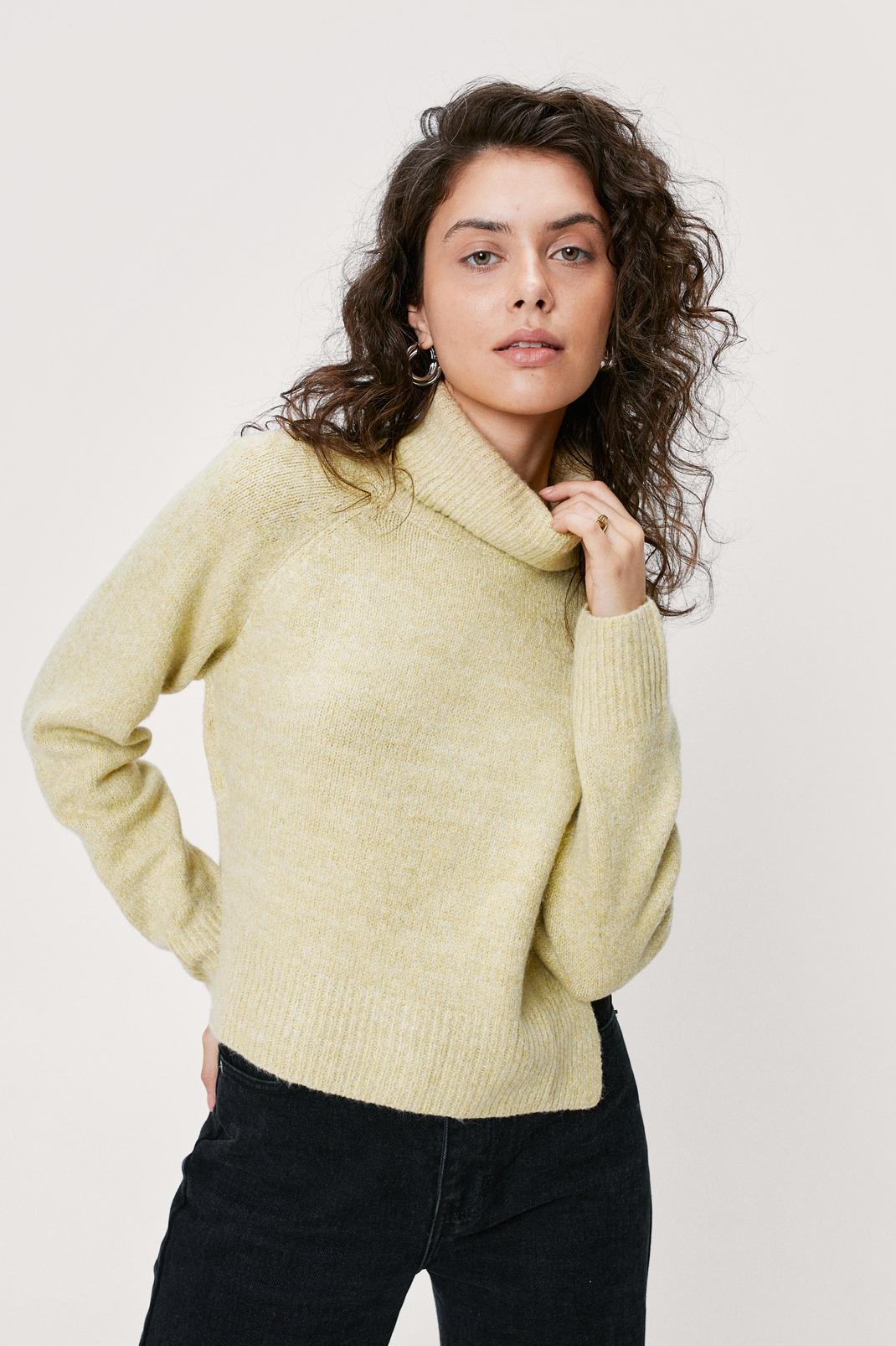 Green Knitted Turtleneck Side Split Cropped Sweater image number 1