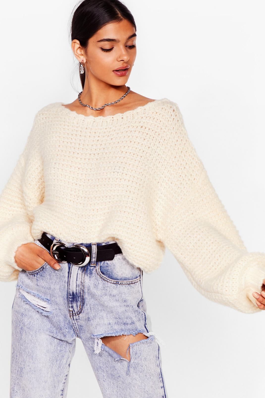 White Off The Shoulder Chunky Knit Sweater image number 1
