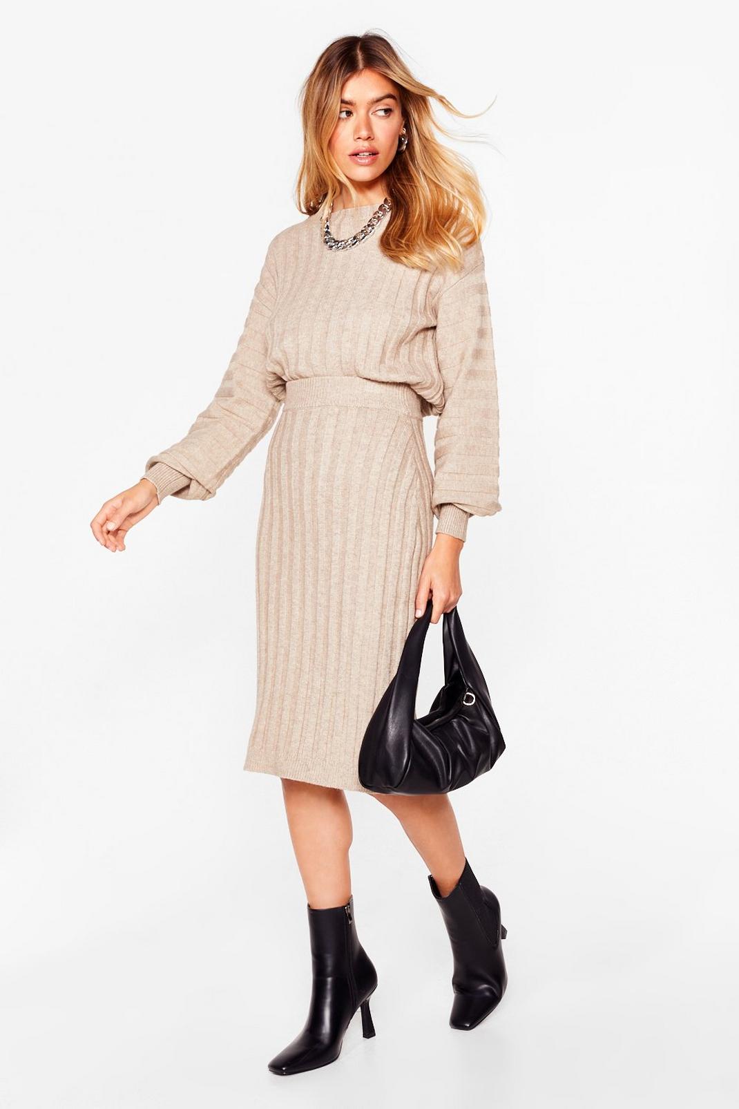 Ensemble pull & jupe midi en maille, Taupe image number 1