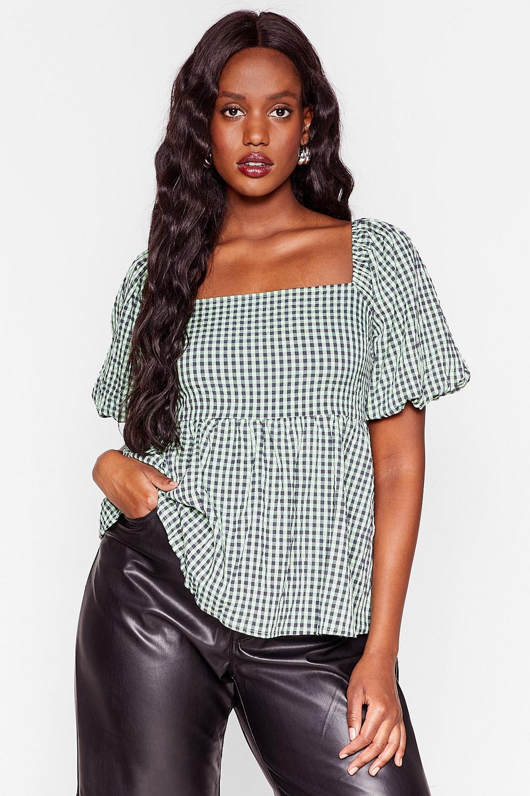 Green Plus Size Gingham Smock Top image number 1