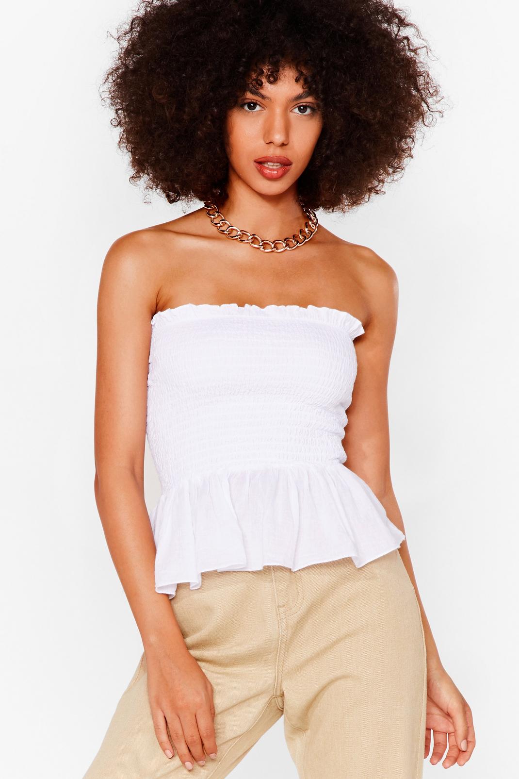 White Shirred Ruffle Bandeau Top image number 1