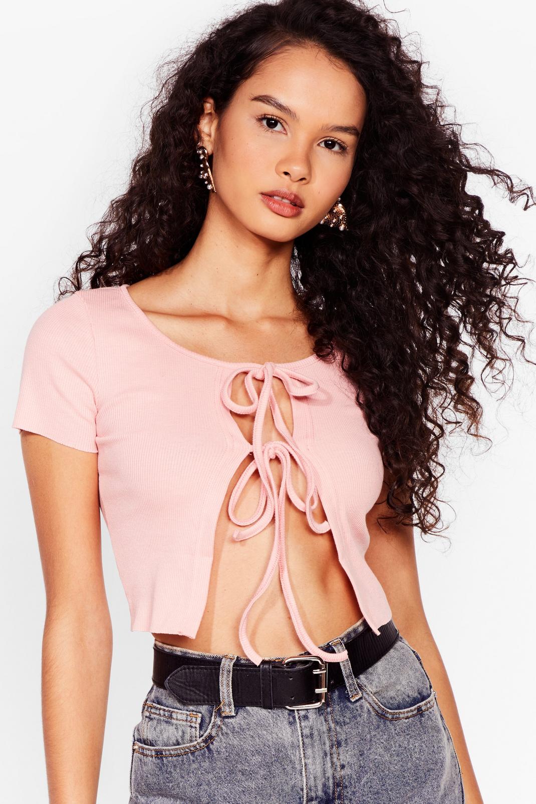 Peach Double Tie Front Ribbed Crop Top image number 1