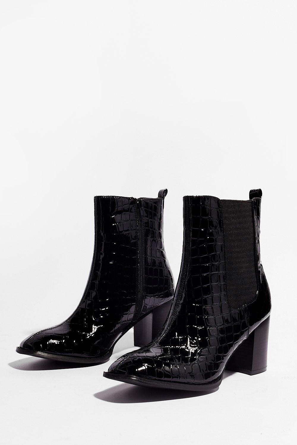 Patent Croc Embossed Heeled Ankle Boots