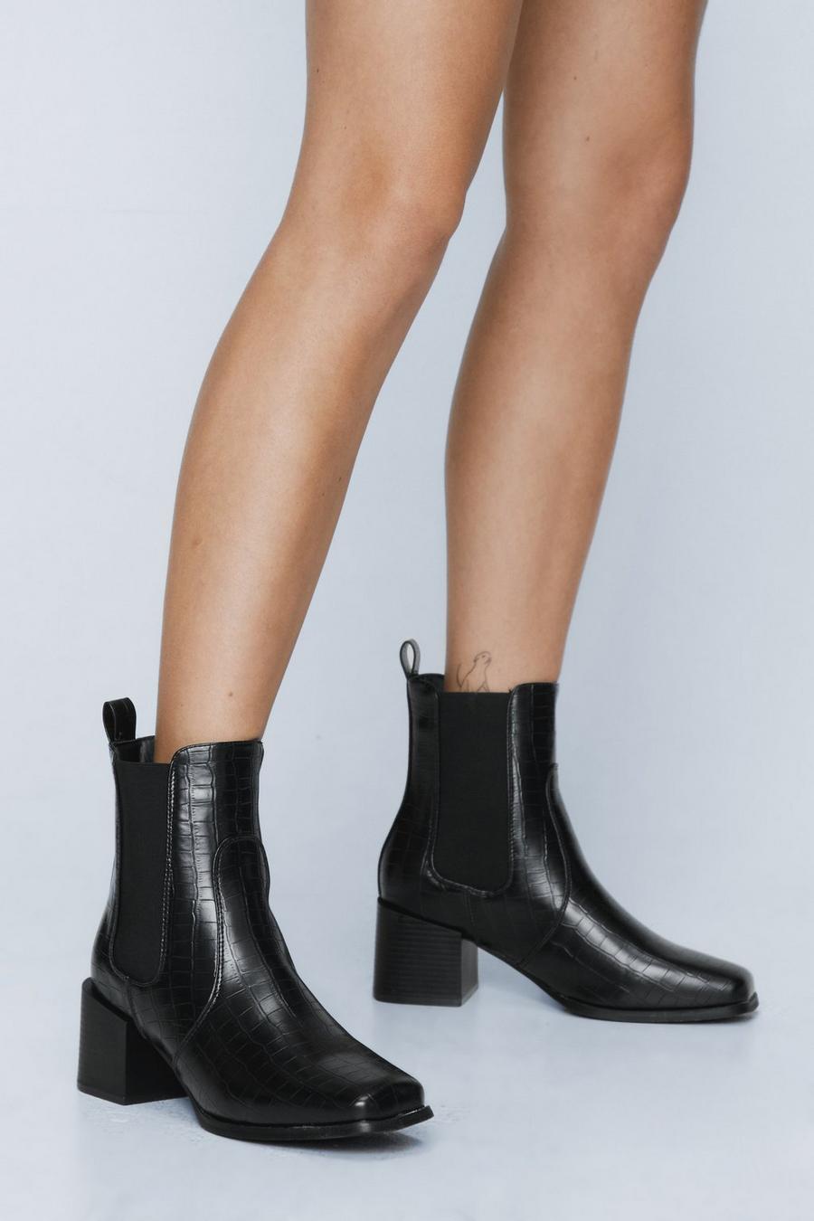 Croc Square Toe Heeled Ankle Boots