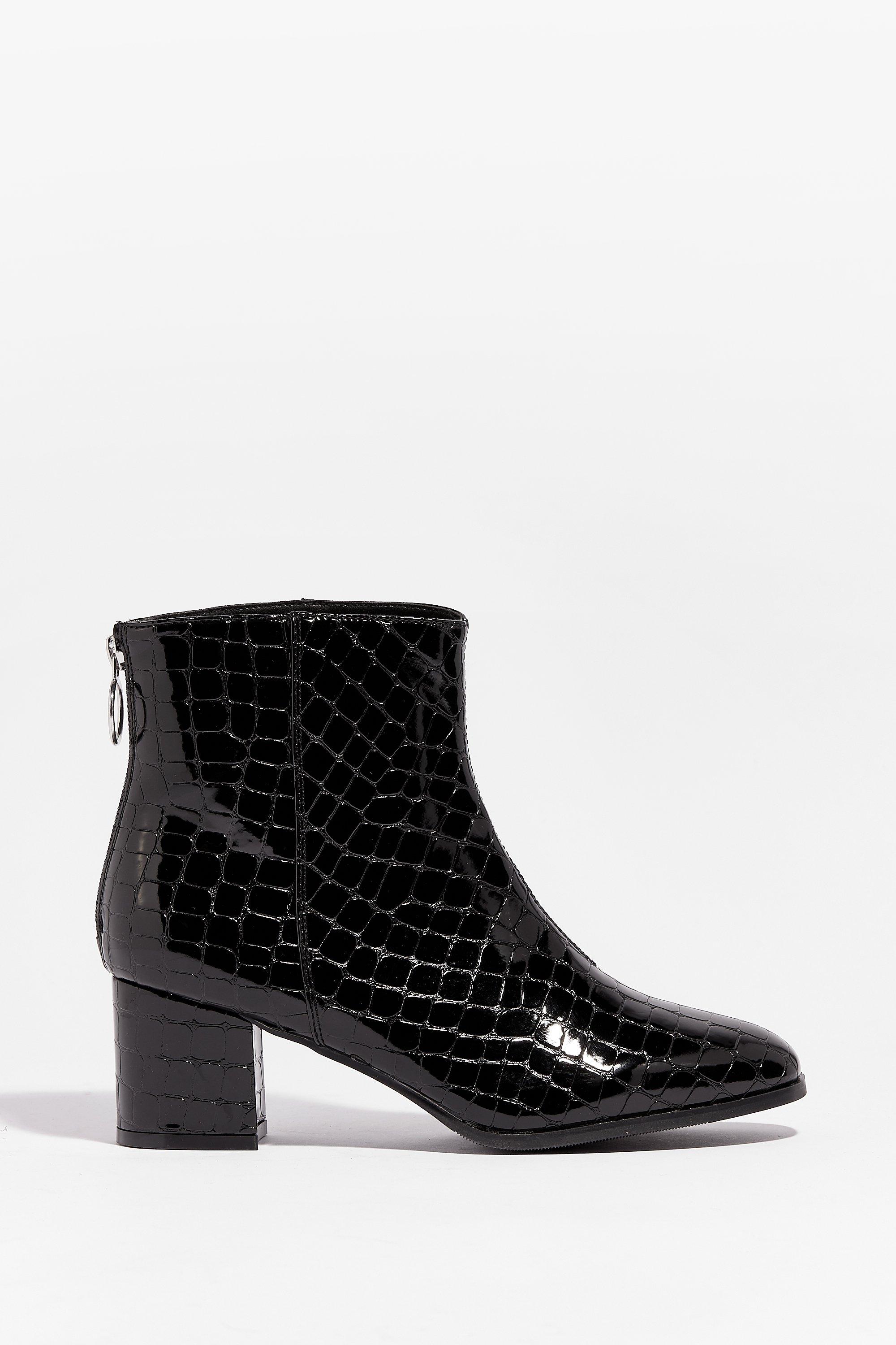 black croc heeled ankle boots