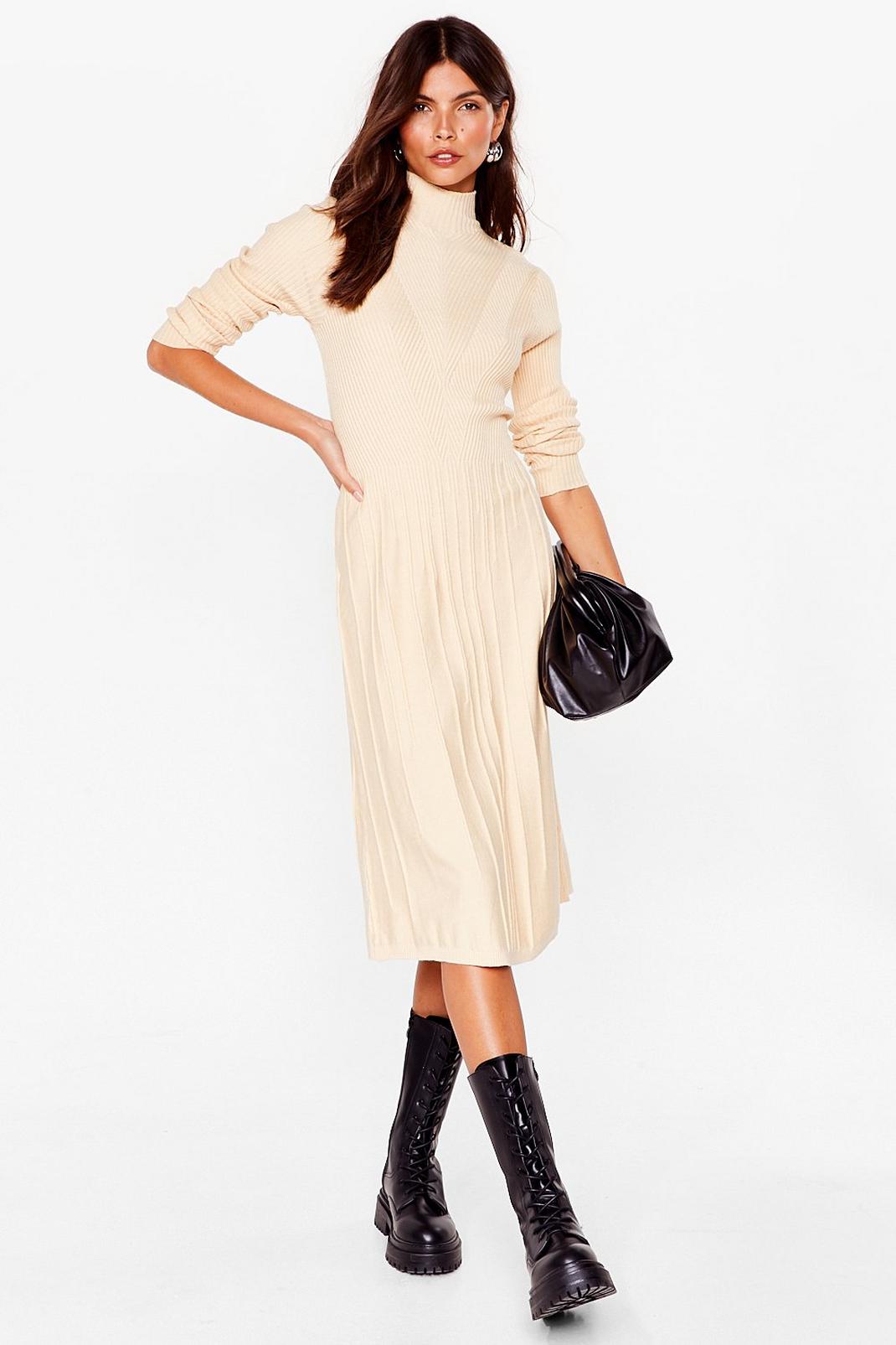 Oatmeal Knitted ribbed bias cut high neck midi dress image number 1