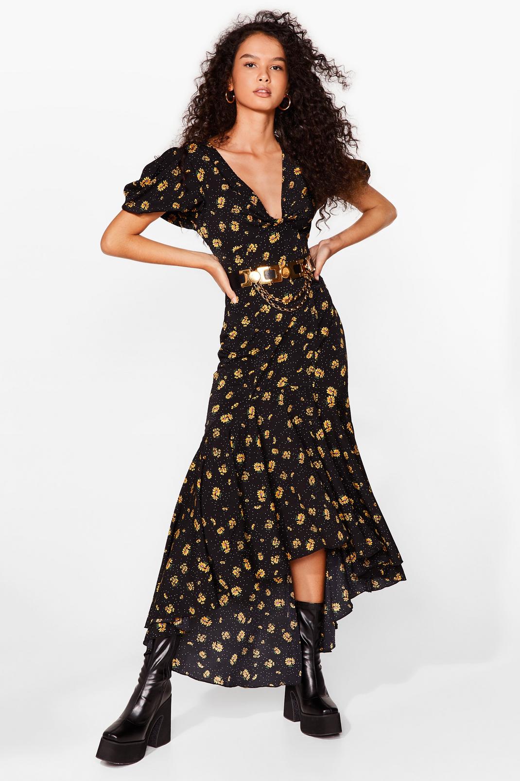 Black Floral Puff Sleeve High Low Maxi Dress image number 1