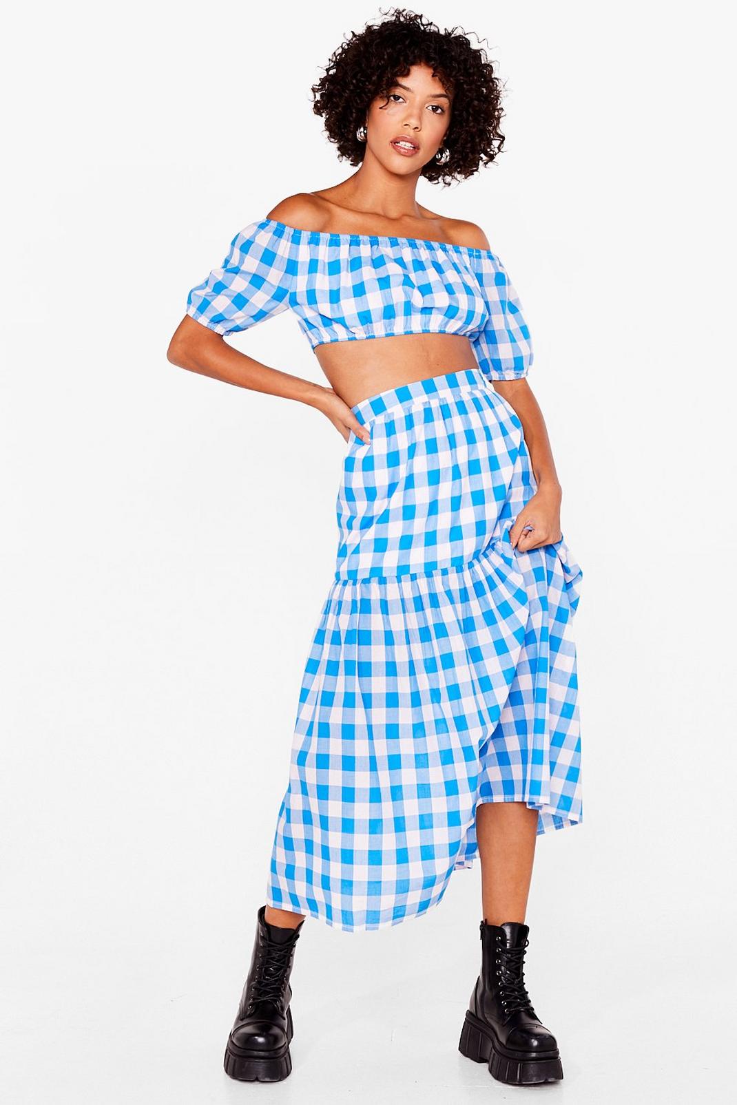 Blue Gingham Loose Tiered Midi Skirt image number 1