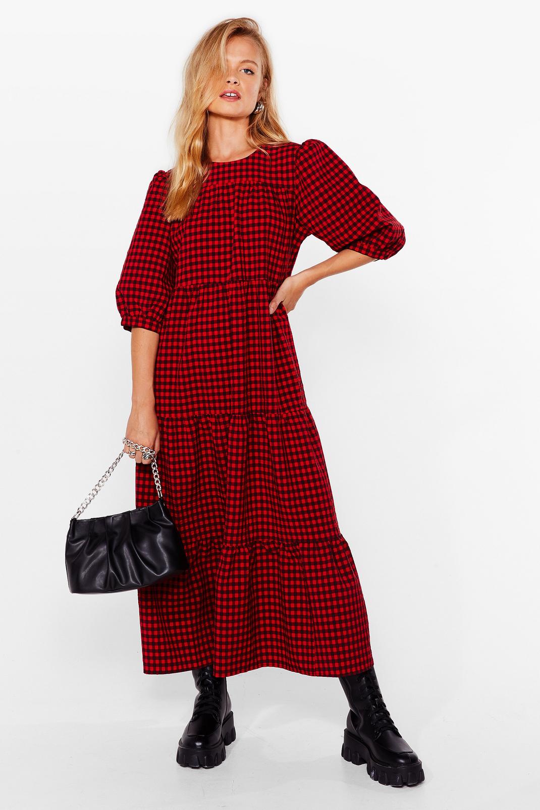 Red Gingham Puff Sleeve Midi Smock Dress image number 1