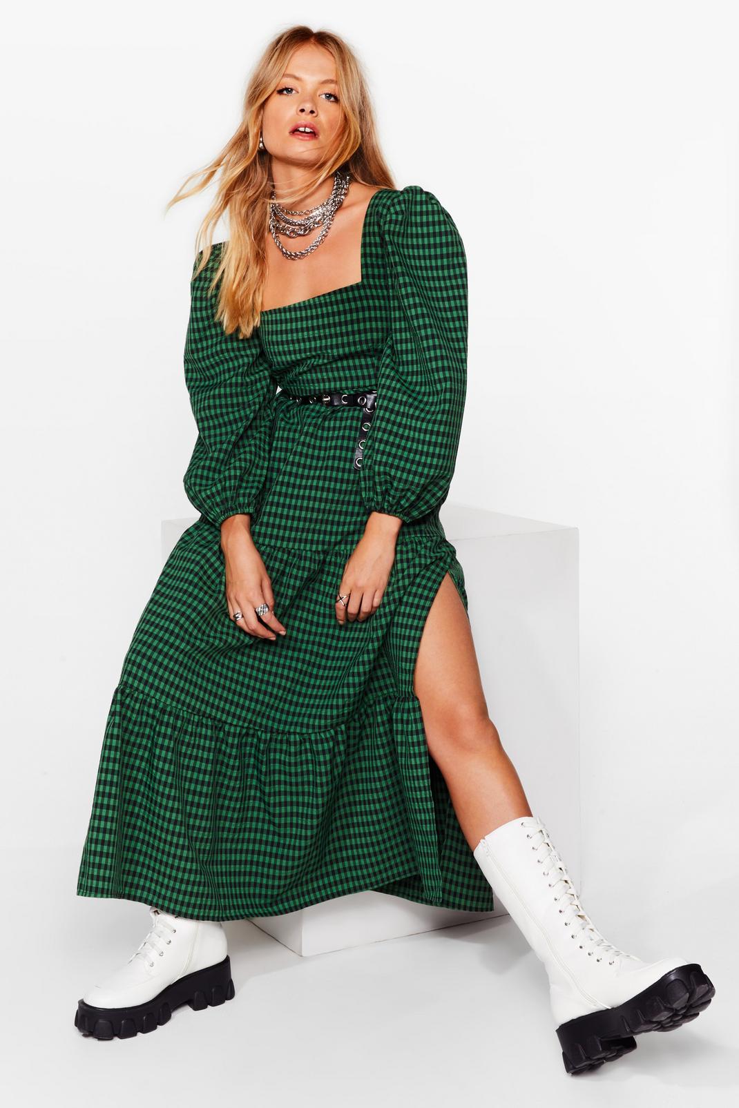 Green Gingham Tiered Maxi Smock Dress image number 1