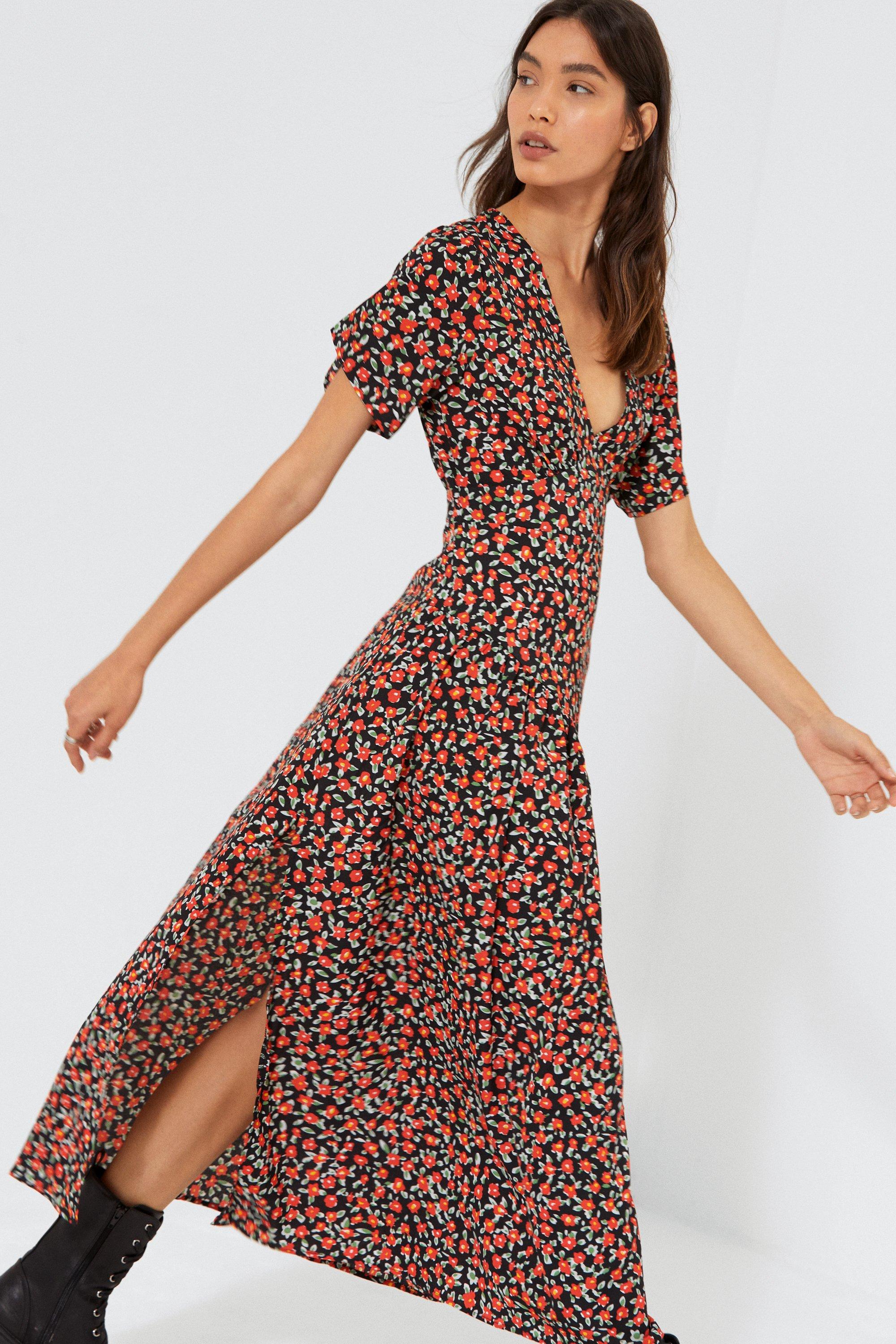 Floral V-Neck Side Split Midi Dress | Nasty Gal