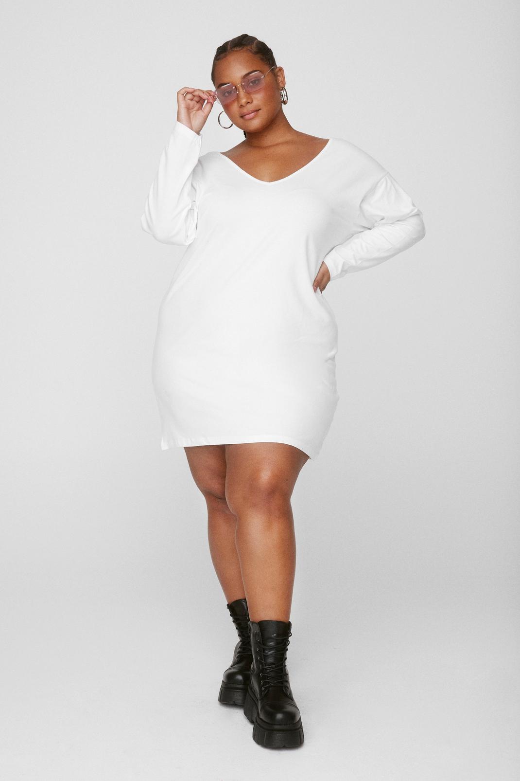 White Plus Size Long Sleeve Mini T-Shirt Dress image number 1